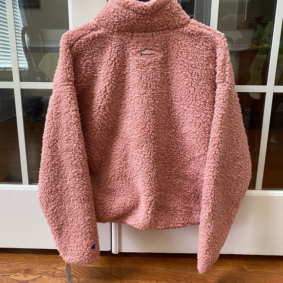 Champion Women's Cozy High Pile Quarter Zip Embroidered Logo Pink Beige - Picture 6 of 6